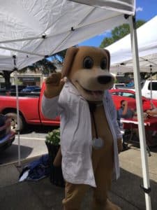 Mascot of Mainstreet Family Urgent Care greets Eufaula Alabama citizens downtown at the farmer's market