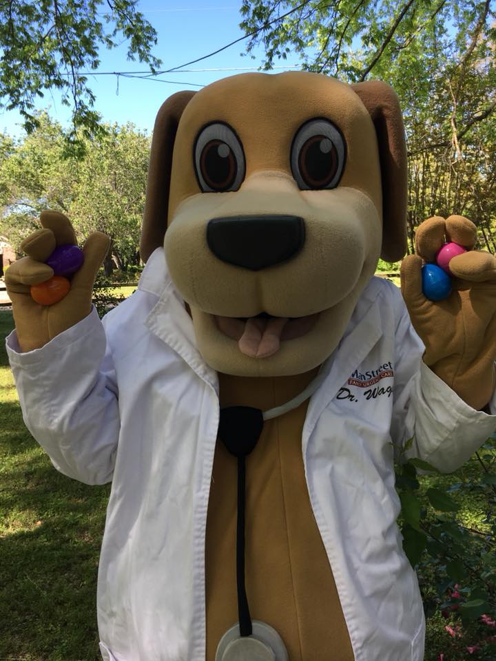 MainStreet Mascots hold eggs for Easter egg hiding