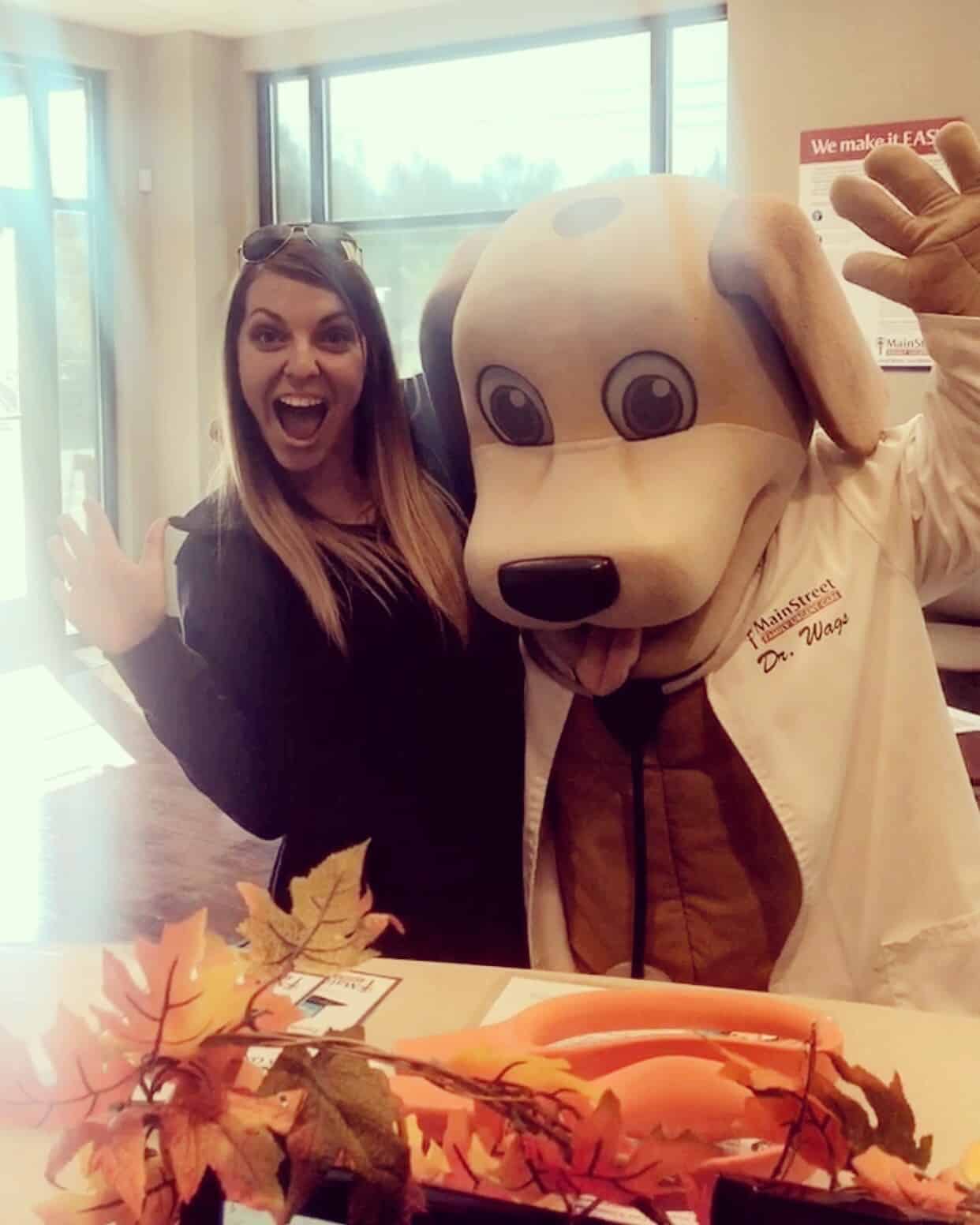 MainStreet Mentor Leah with Dr. Wags MainStreet Mascot