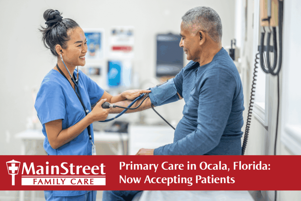 Nurse checking patient's blood pressure at a clinic. Featured image for a blog post for Ocala, Florida.