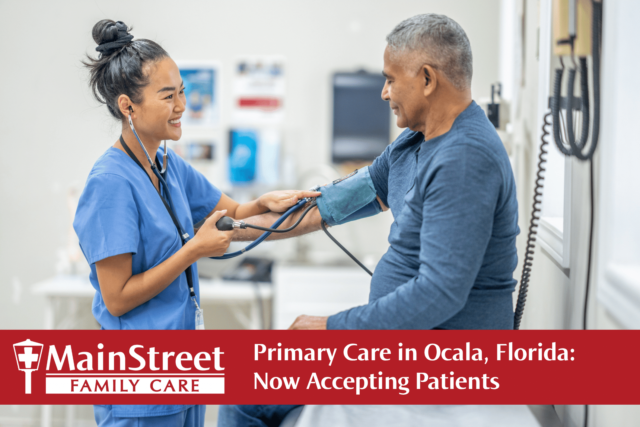 Nurse checking patient's blood pressure at a clinic. Featured image for a blog post for Ocala, Florida.