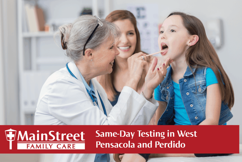 Medical provider doing a strep test on a little girl with her mom in the background. Featured image for Same-Day Testing in West Pensacola and Perdido blog post.