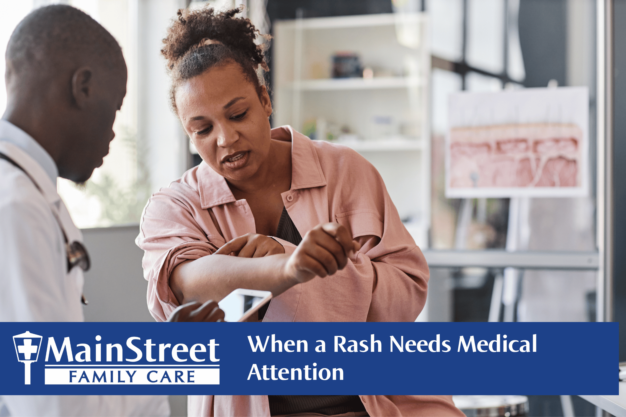 Woman at urgent care showing medical provider a rash on her arm. Featured image for When a Rash Needs Medical Attention