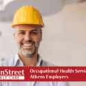 Man in hard hat at medical clinic. Featured image for Occupational Health Services for Athens Employers blog.