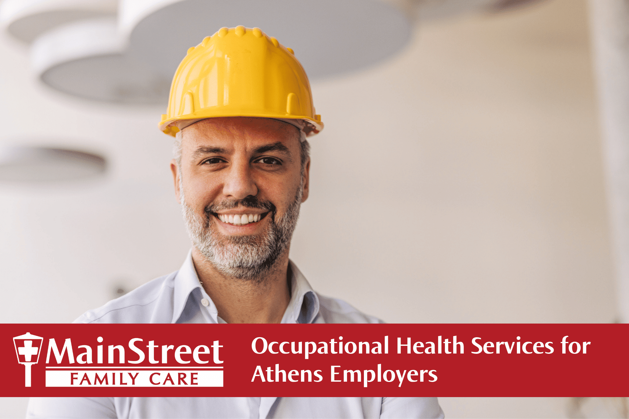 Man in hard hat at medical clinic. Featured image for Occupational Health Services for Athens Employers blog.