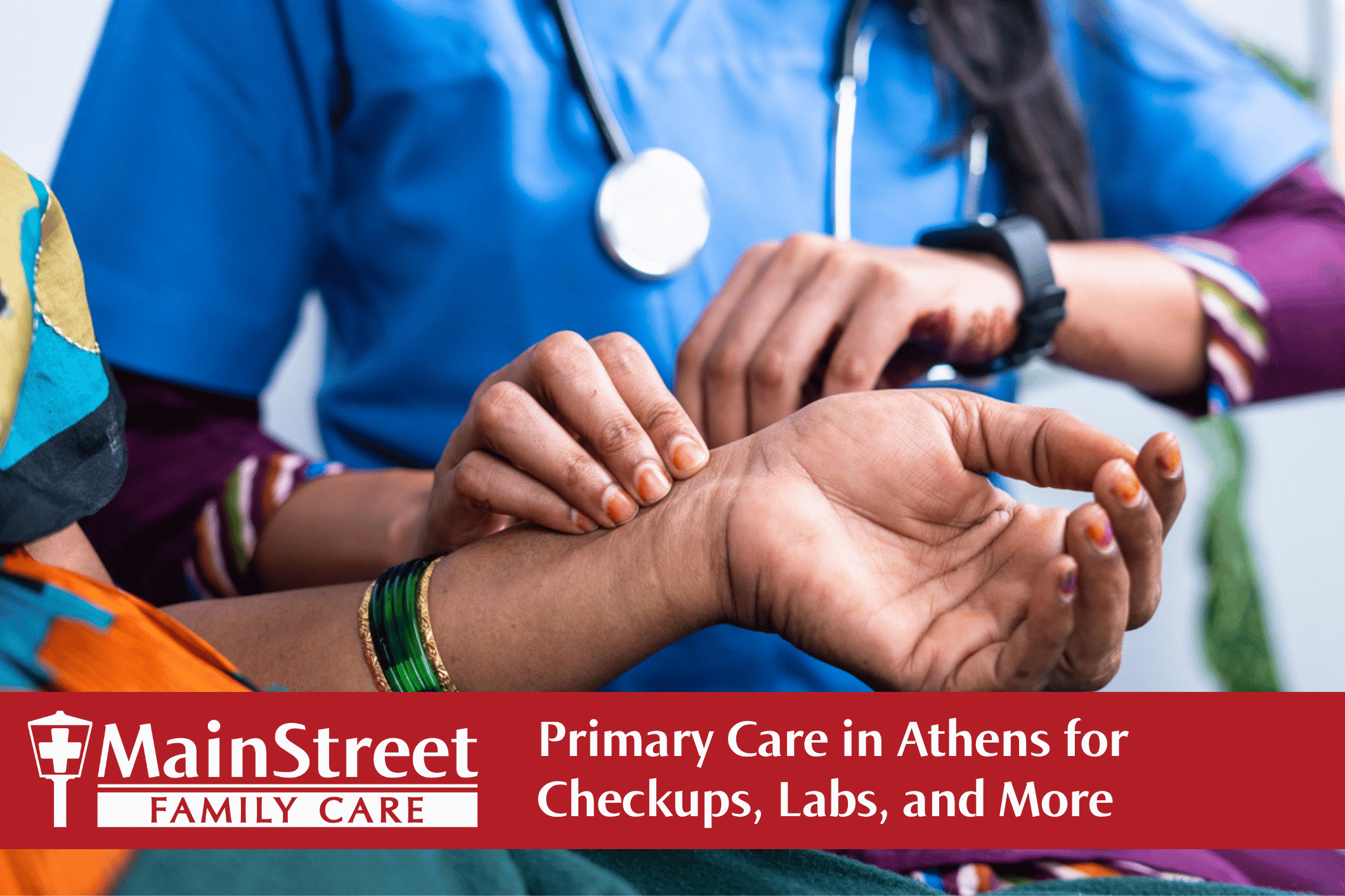 Woman having her vitals taken by a medical assistant at urgent care. Featured image for Primary Care in Athens for Checkups, Labs, and More blog post.
