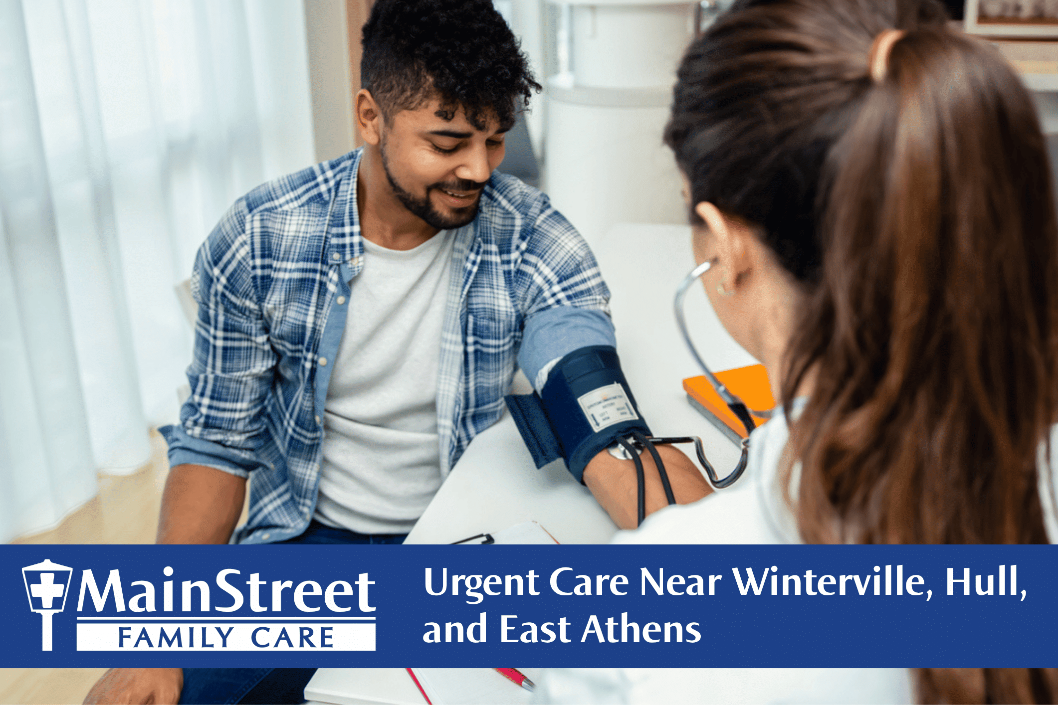 Man having his blood pressure checked at an urgent care clinic. Featured image for Urgent Care Near Winterville, Hull, and East Athens blog post.