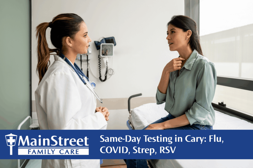 Lady at an urgent care clinic being tested for strep throat. Featured image for Same-Day Testing in Cary: Flu, COVID, Strep, RSV blog post.