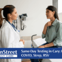 Lady at an urgent care clinic being tested for strep throat. Featured image for Same-Day Testing in Cary: Flu, COVID, Strep, RSV blog post.