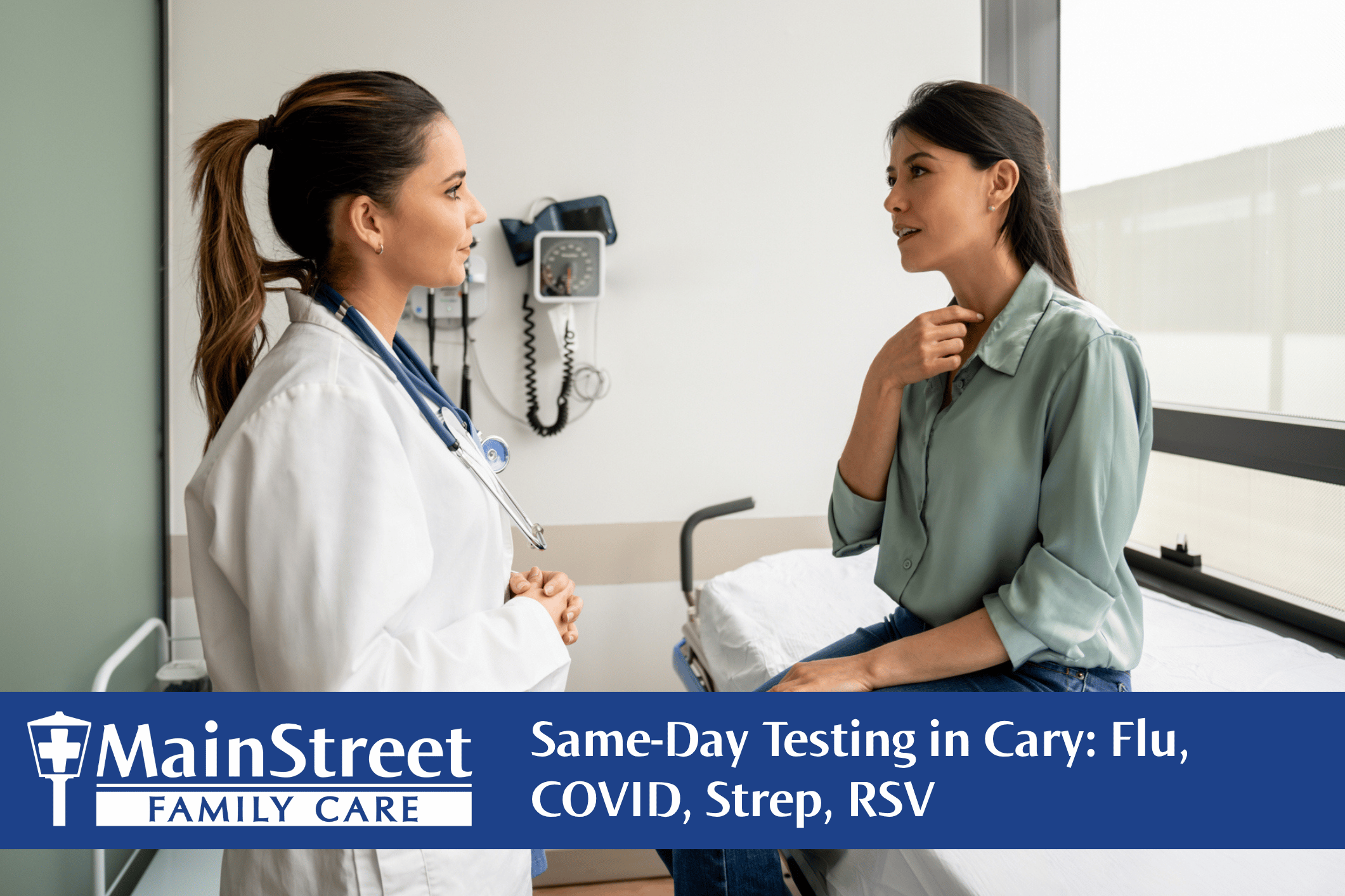 Lady at an urgent care clinic being tested for strep throat. Featured image for Same-Day Testing in Cary: Flu, COVID, Strep, RSV blog post.