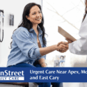 Woman at urgent care clinic shaking provider's hand. Featured image for Urgent Care Near Apex, Morrisville, and East Cary blog post.
