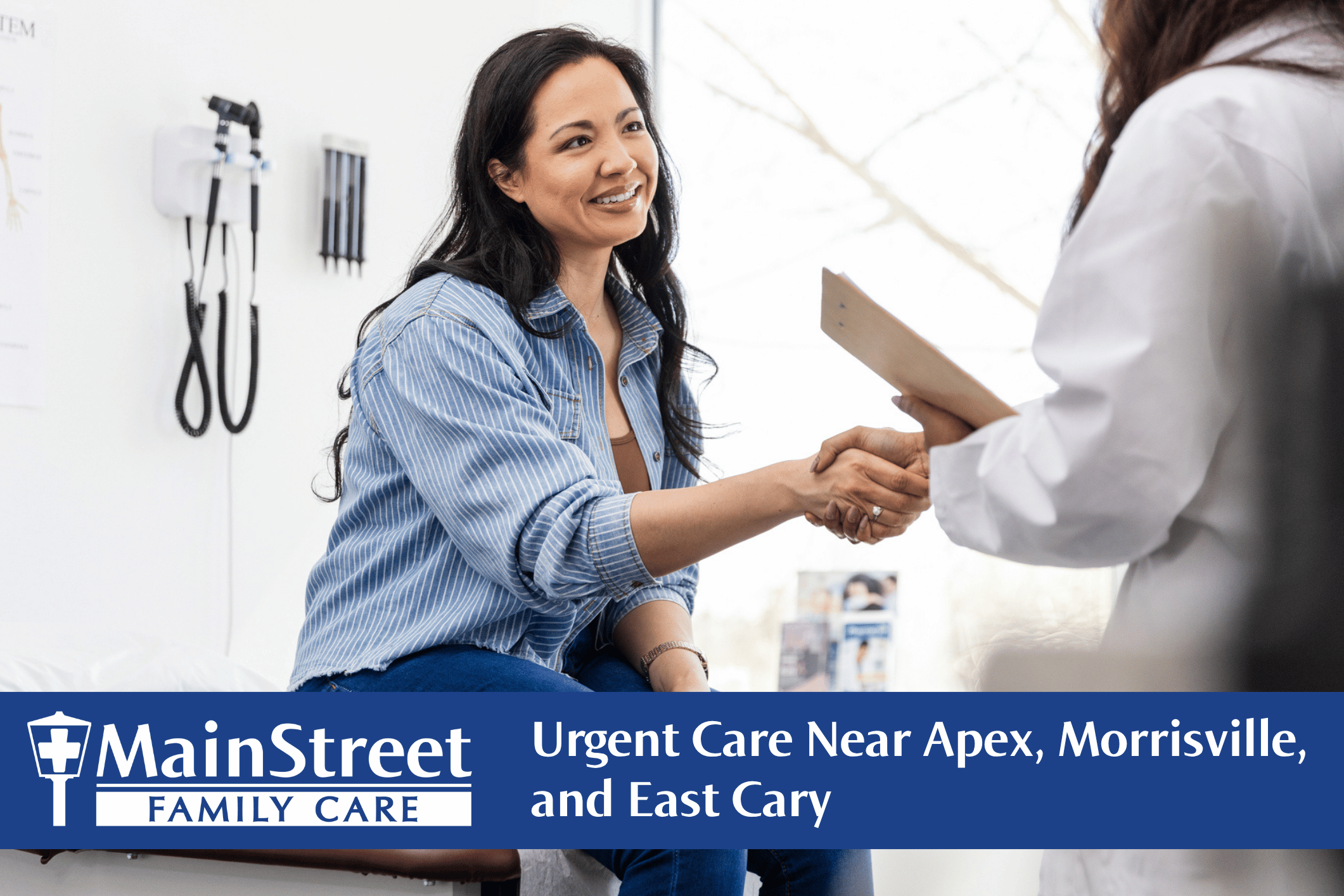 Woman at urgent care clinic shaking provider's hand. Featured image for Urgent Care Near Apex, Morrisville, and East Cary blog post.