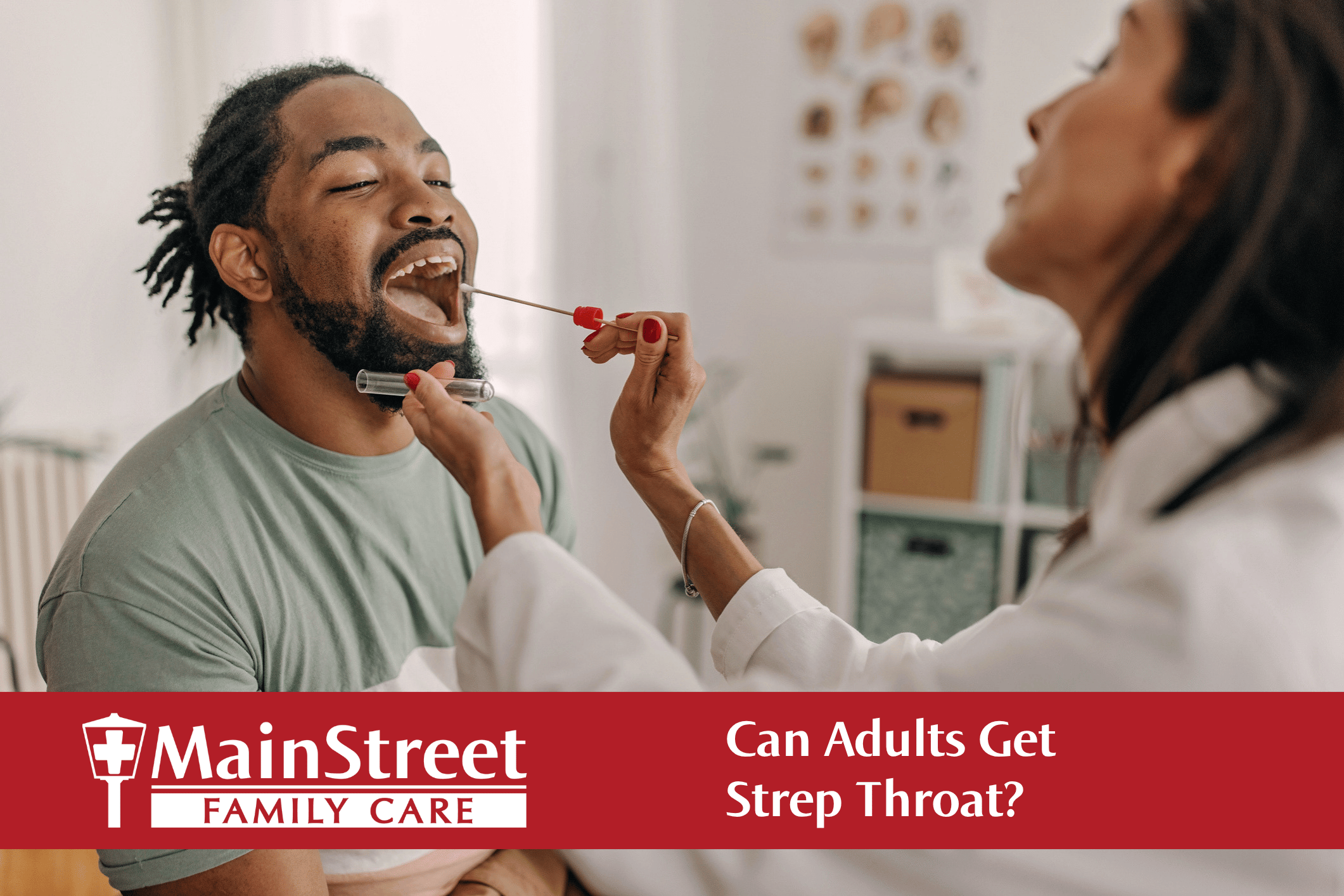 Man being swabbed for strep by a medical provider. Featured image for Can Adults Get Strep Throat? blog post.