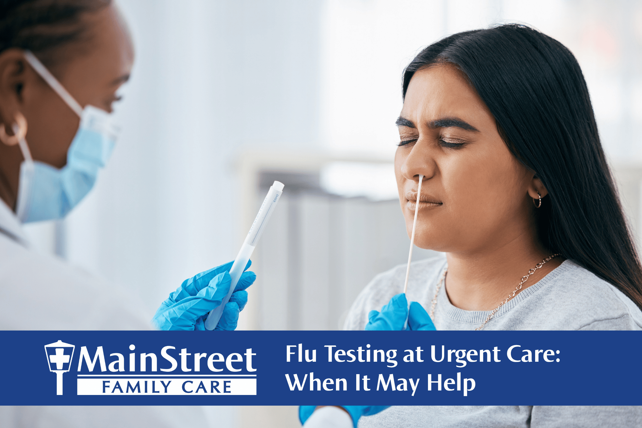 Lady being swapped for flu at a doctor's office. Featured image for Flu Testing at Urgent Care: When It May Help blog post.